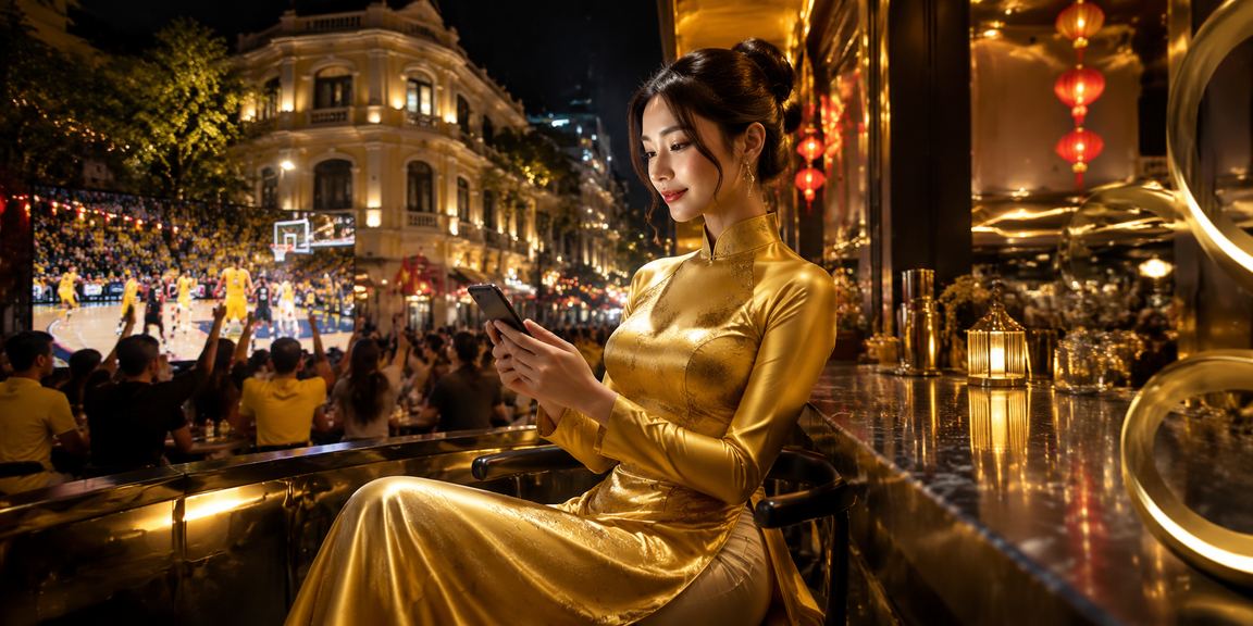 Người dùng tại Hà Nội đặt cược bóng rổ trực tuyến trên điện thoại mặc áo dài truyền thống